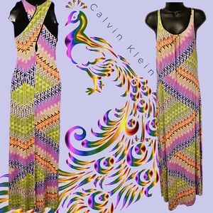 Calvin Klein Abstract Design Tank Top Criss Kross Back Maxi Dress 8 NWOT